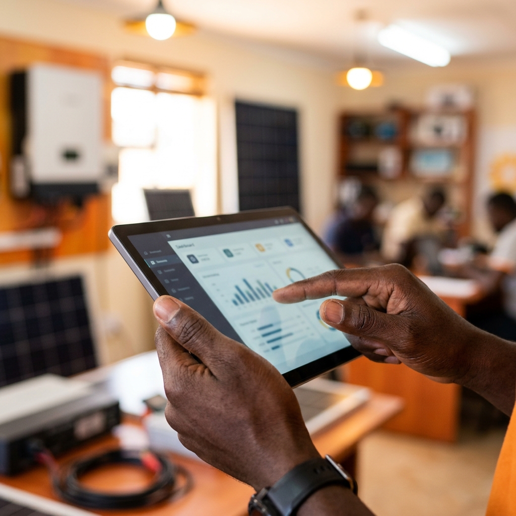 Hands holding a tablet with a blurred hub facility in the background