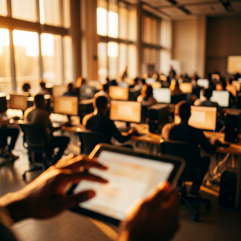 Blurred computer literacy class with hands operating a digital gadget in the foreground