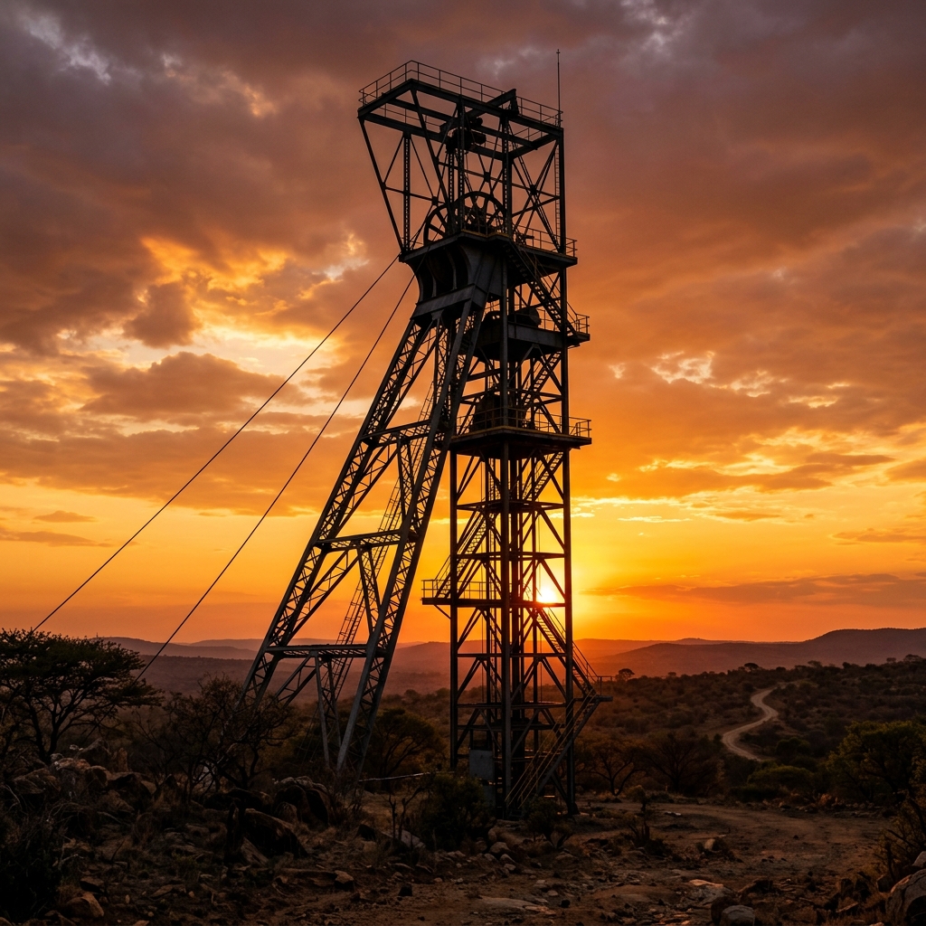 Mining headframe silhouetted against African sunset