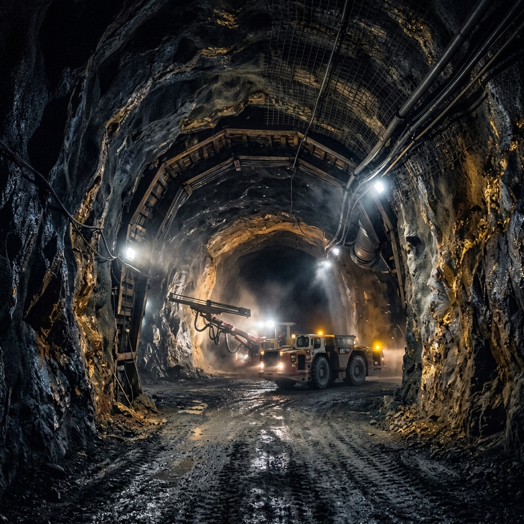 Underground mining tunnel with dramatic lighting and visible mineral veins