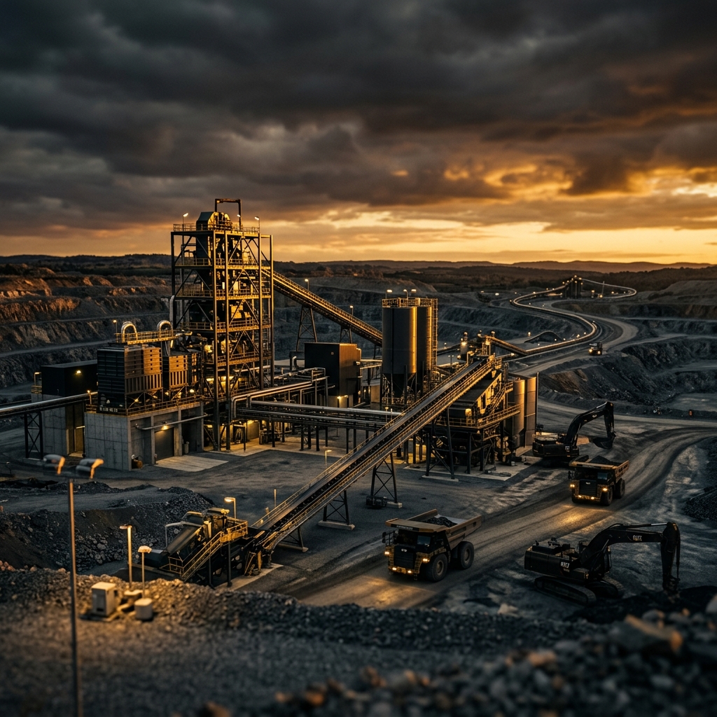 Surface mining operations with heavy machinery in dramatic golden-hour lighting